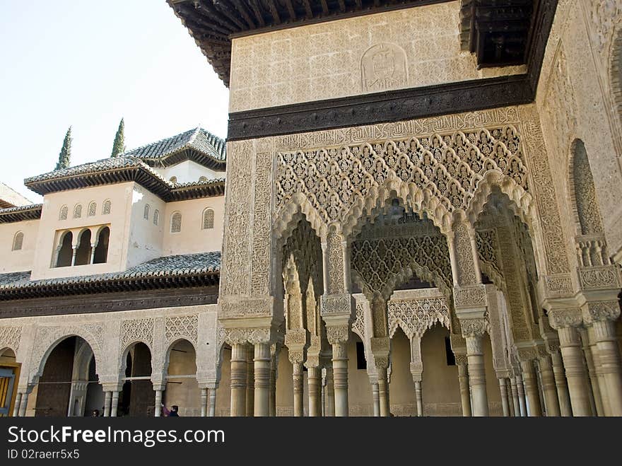 Famous alhambra building in spain, yard.