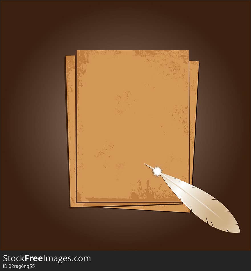 Old Paper With Feather. Grunge Background.