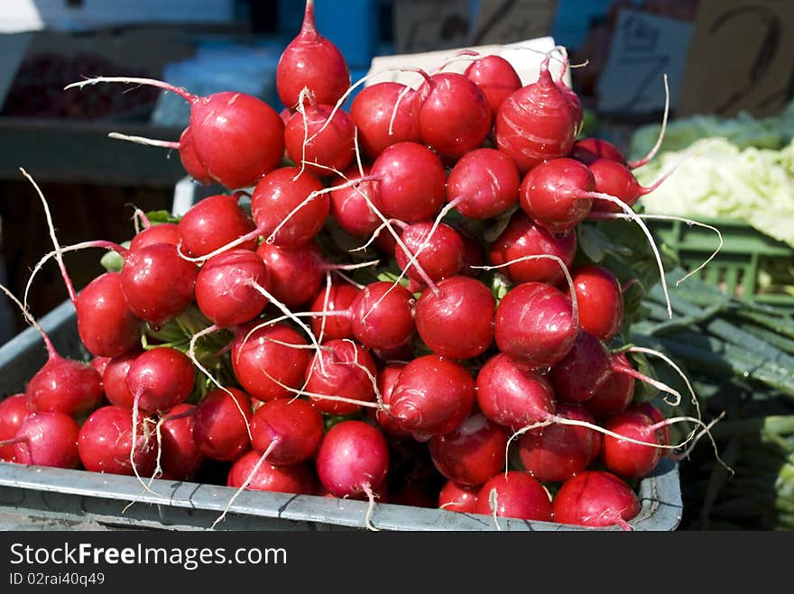 Bunch of red radish on the market stand. Bunch of red radish on the market stand