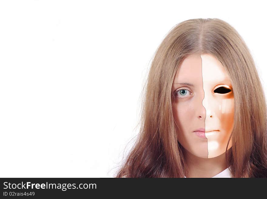 The nice girl with the split mask on the person removed on a white background without isolation. The nice girl with the split mask on the person removed on a white background without isolation