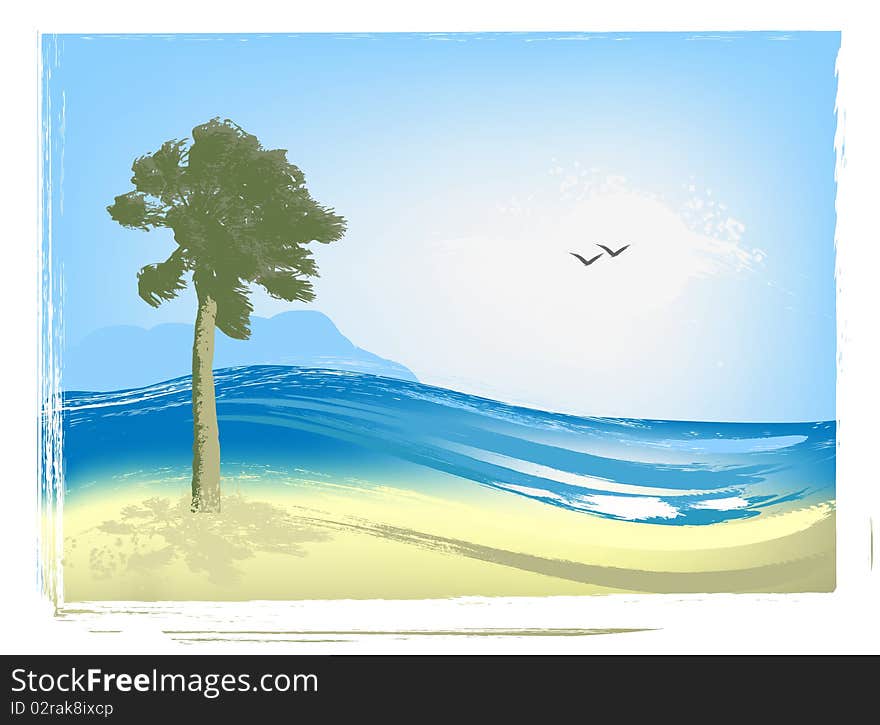 Illustrated seascape with palm trees, sea and seagulls