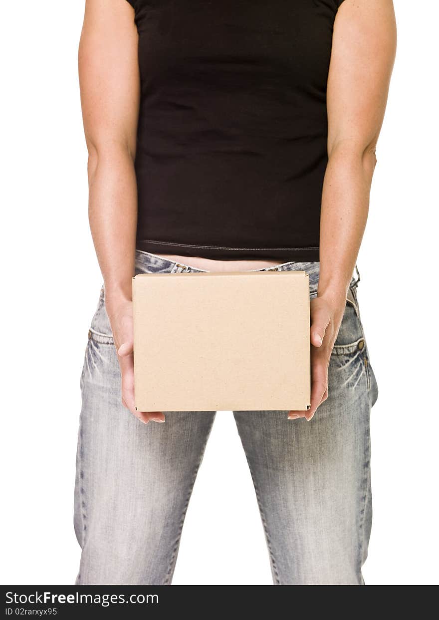 Woman holding a heavy cardboard box isolated on white background. Woman holding a heavy cardboard box isolated on white background