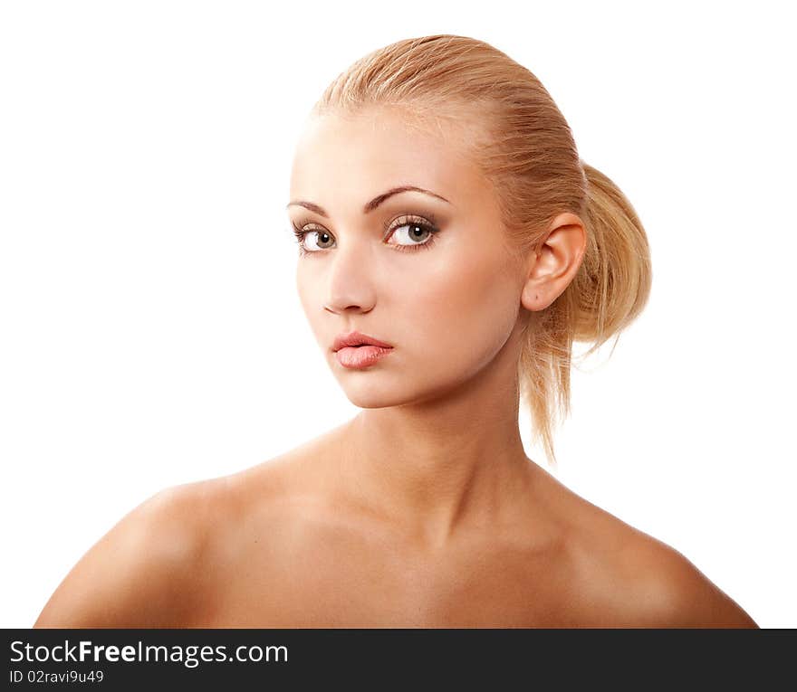 Young beautiful blond woman isolated at white background. Young beautiful blond woman isolated at white background