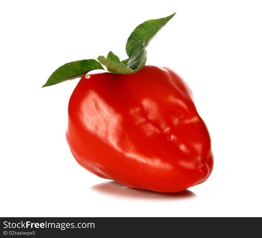 Red pepper and green leaf isolated on white background