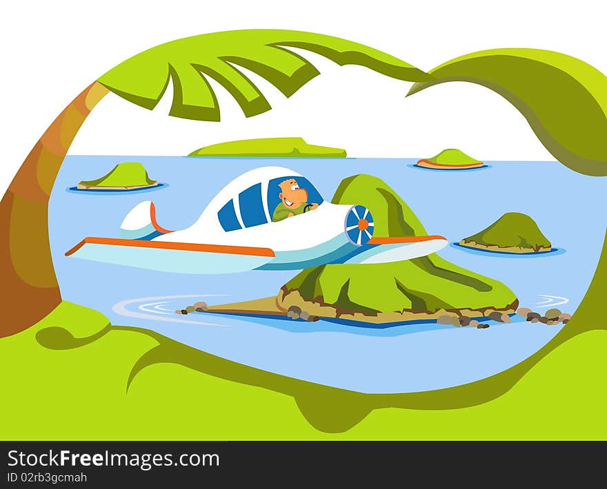 Cartoon illustration. Happy man flying on a plane over the islands.