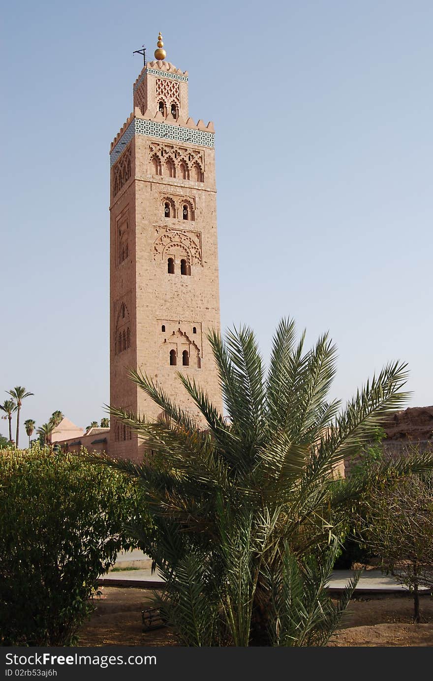 The tall minaret at the Koutoubia mosque in Marrakech