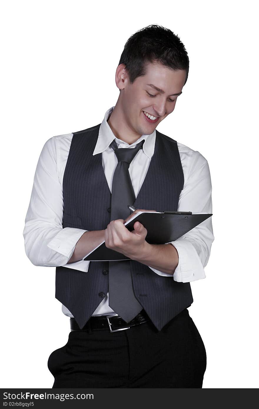 Portrait of stylish young man writing on clipboard, studio shot isolated on white background