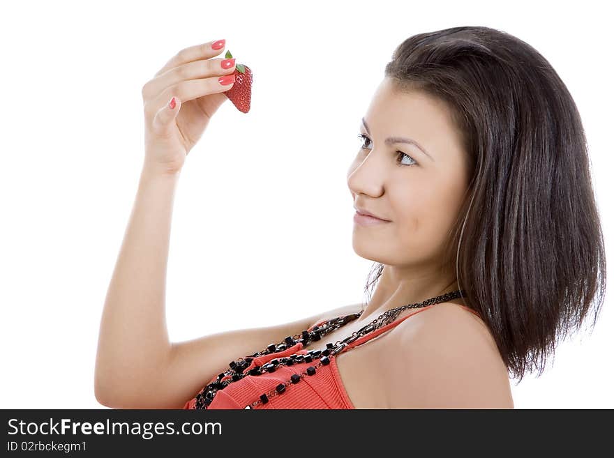 Portrait of beautiful young woman enjoy strawberry