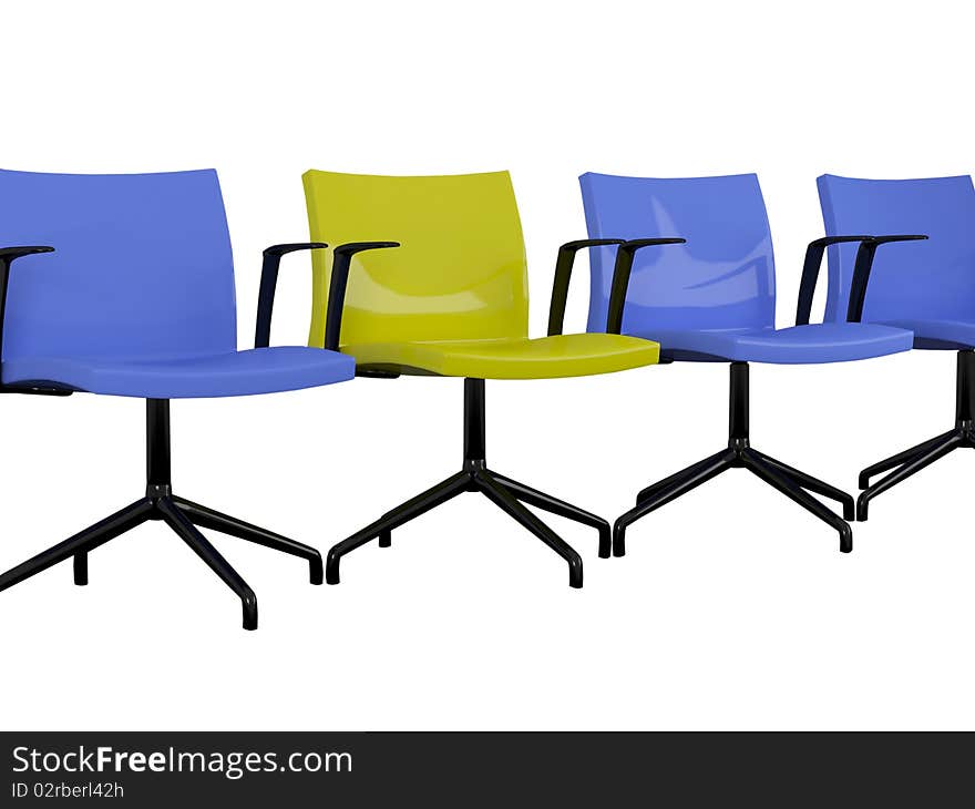 Blue and yellow office armchairs isolated on the white background, 3D illustration/render