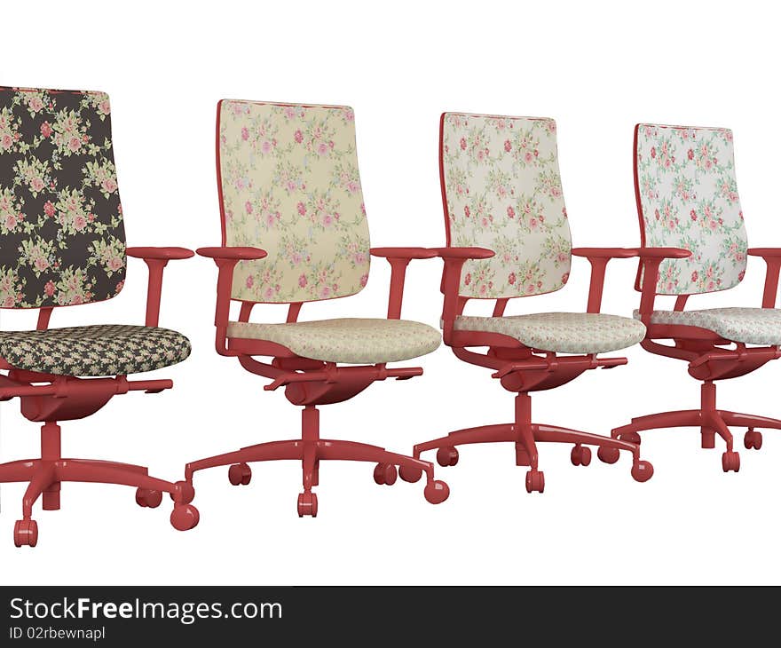 Four floral red office armchairs isolated