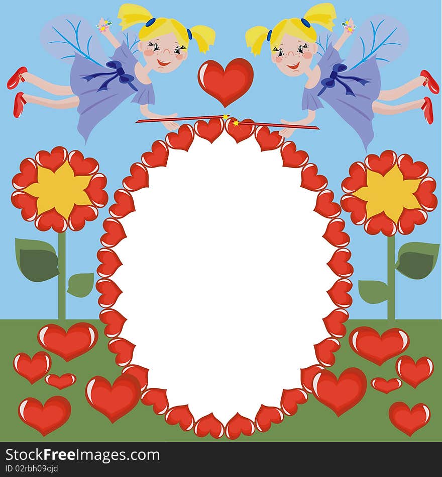 Background with blond funny faries and hearts. Background with blond funny faries and hearts.