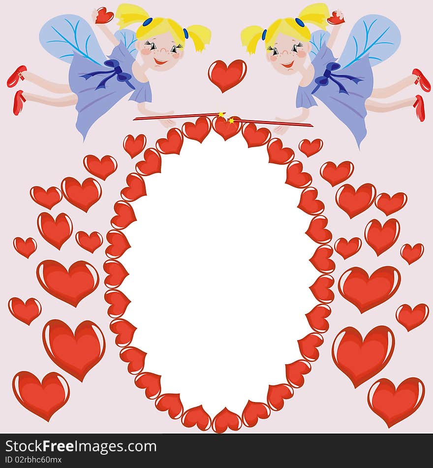 Background with  blond funny faries and hearts. Background with  blond funny faries and hearts.