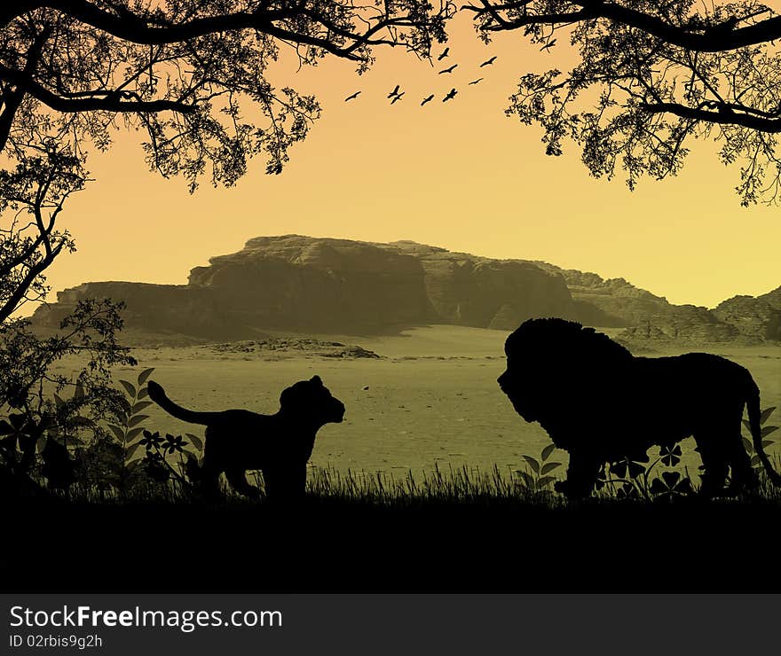 Lions on beautiful sunset landscape . Background illustration