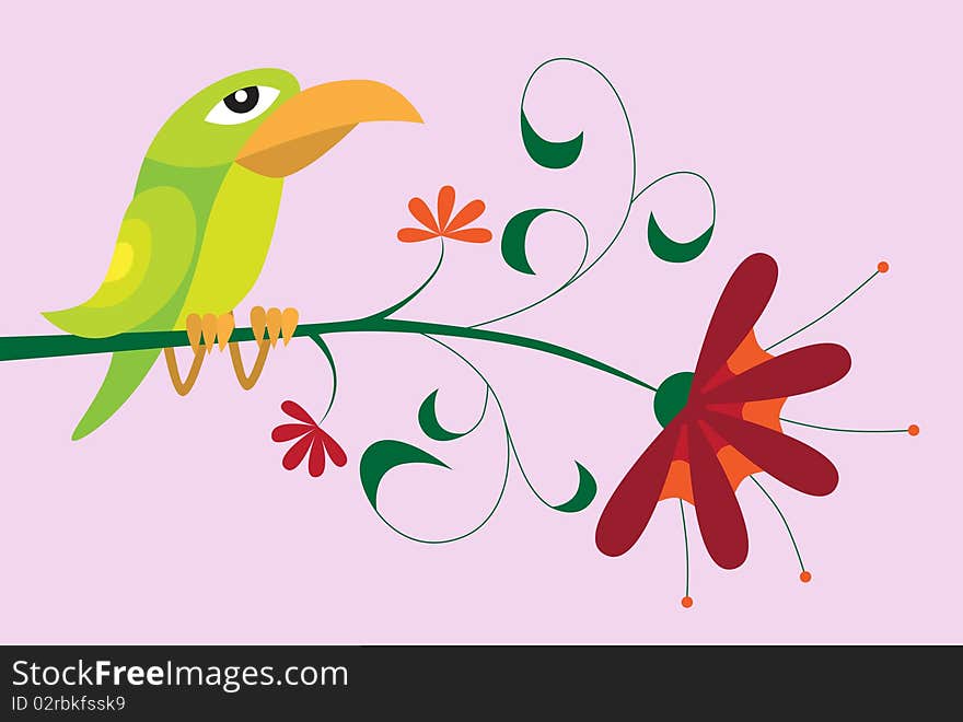 Green bird sitting on the tropic flower