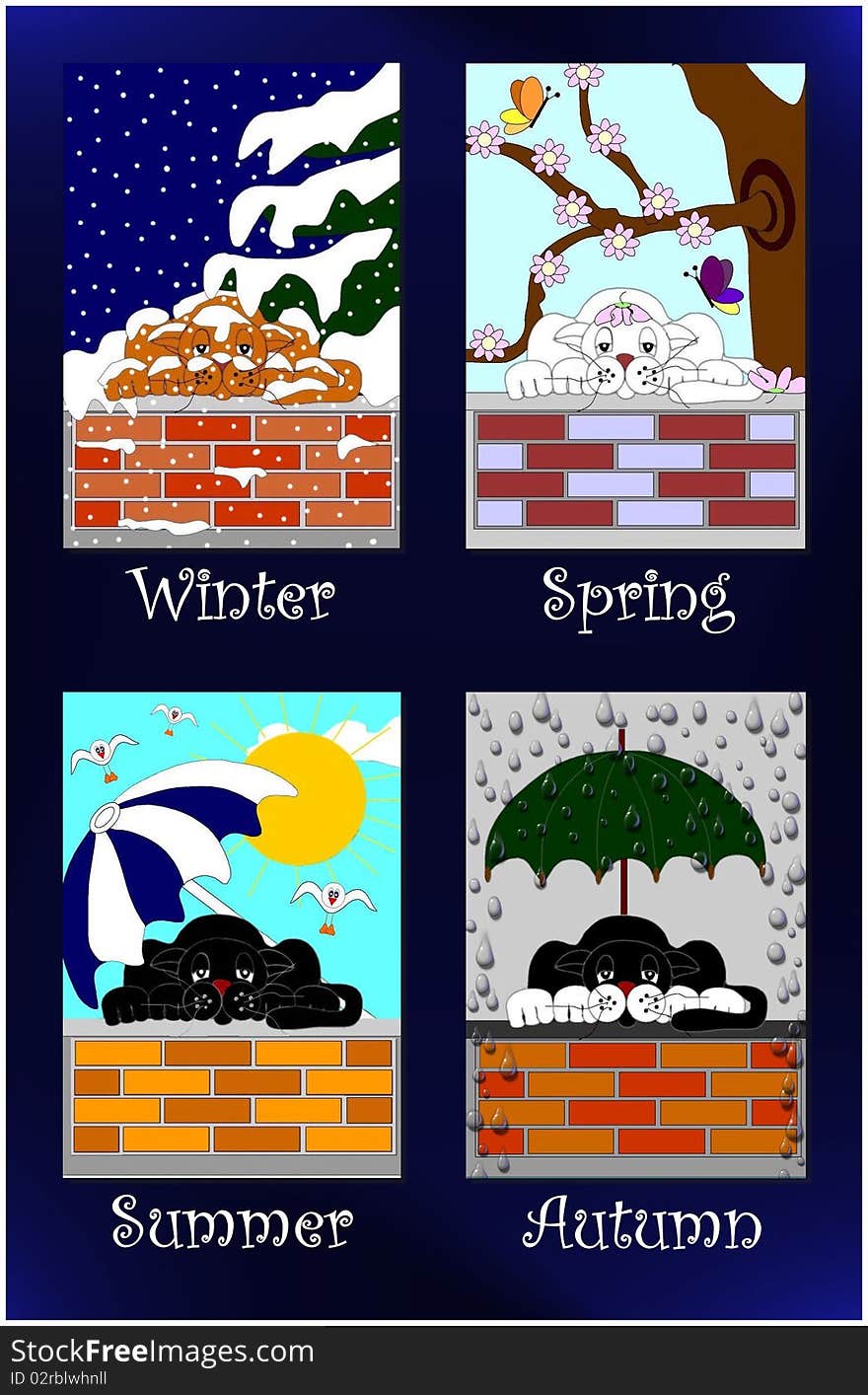 A funny illustration with cats and the four seasons. For web or print usage. Available EPS format. A funny illustration with cats and the four seasons. For web or print usage. Available EPS format.