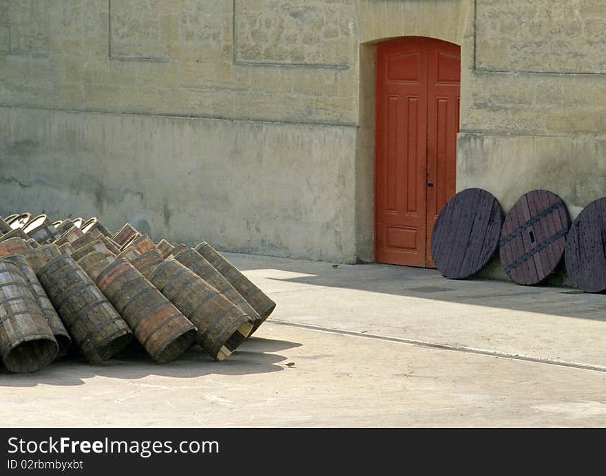 Shot of a yard where barrels are being repaired. Shot of a yard where barrels are being repaired.