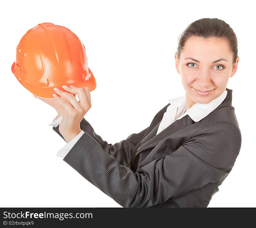 Woman in a business suit with  helmet