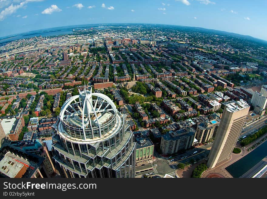 Boston skyline from the top of the Prudential Building in Massachusetts, USA.