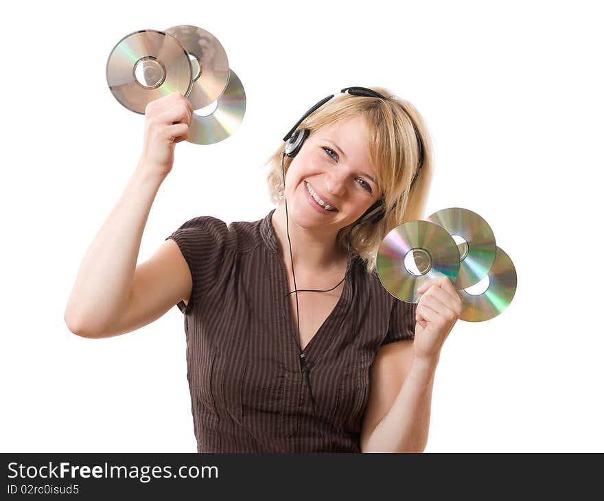 Happy woman listening music with cds in the hands. Happy woman listening music with cds in the hands