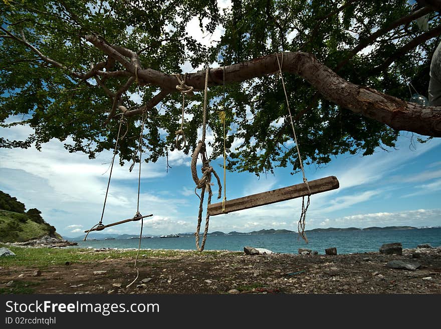 The couple swings on the beach