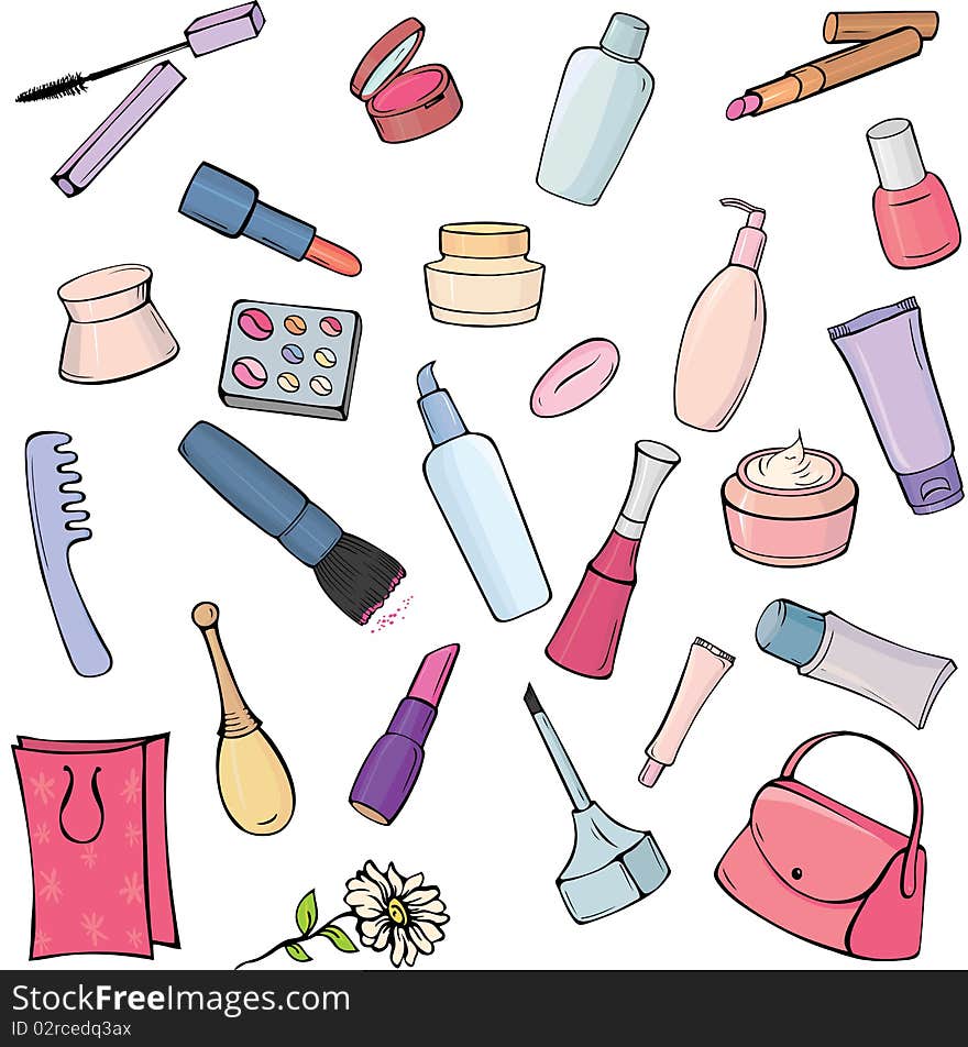 Set of various cosmetic items on white background