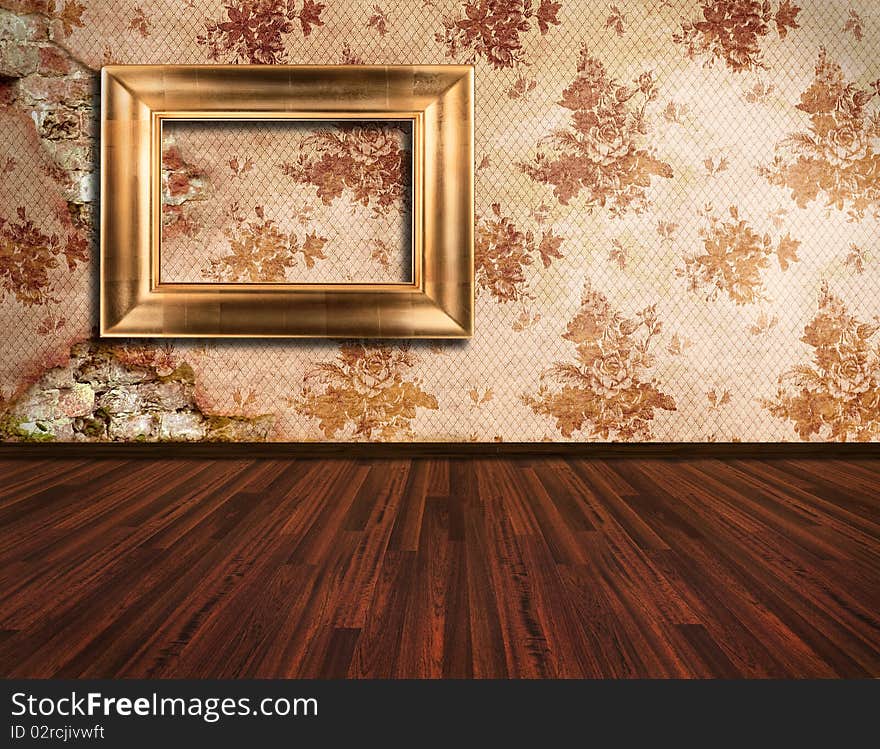 Old golden empty frame hinging on wall