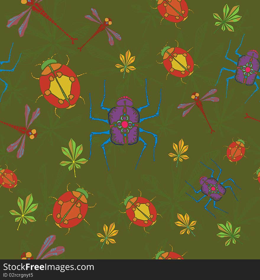 Seamless background bugs and dragonflies on leaves. Seamless background bugs and dragonflies on leaves