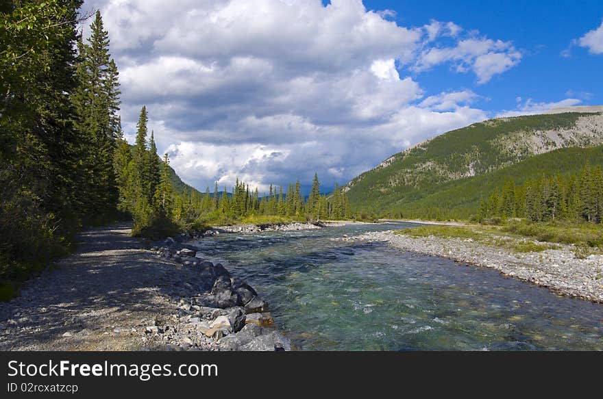 Flowing river in the high mountains of Kananskis Country, Alberta, Canada. Flowing river in the high mountains of Kananskis Country, Alberta, Canada