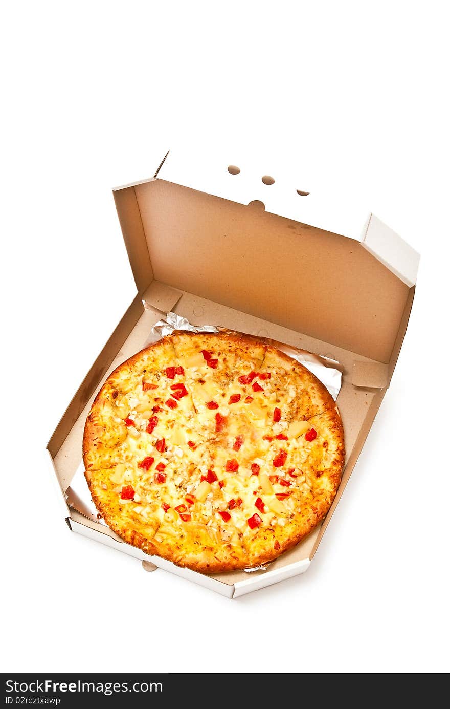 Fresh pizza in plain open box isolated on white. Light shadow. Fresh pizza in plain open box isolated on white. Light shadow