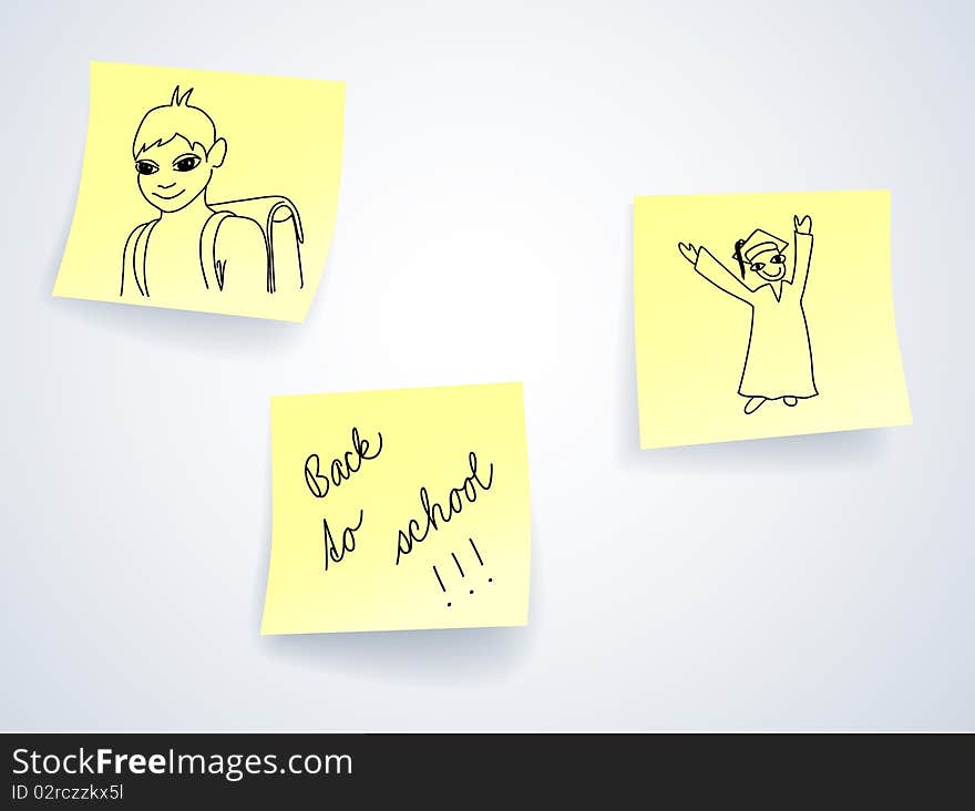 Back to school, vector illustration of doodles on sticky notes