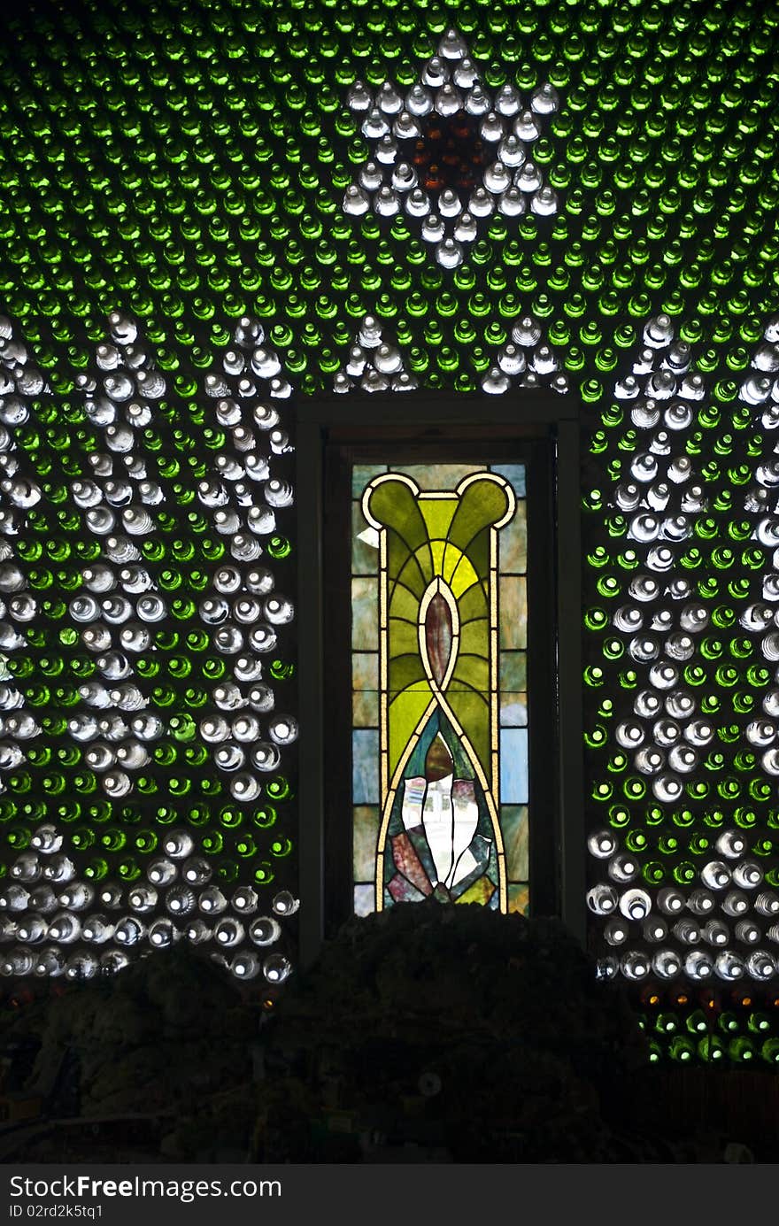 Translucent Green wall made with a beer bottles. Translucent Green wall made with a beer bottles