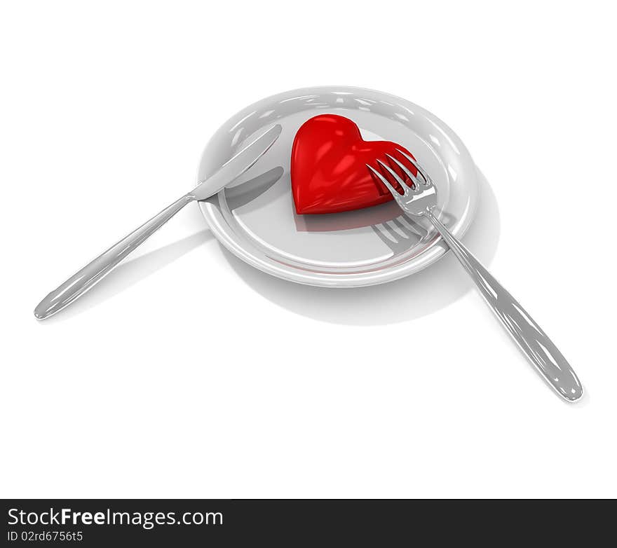 Heart on plate with fork and knife. Heart on plate with fork and knife