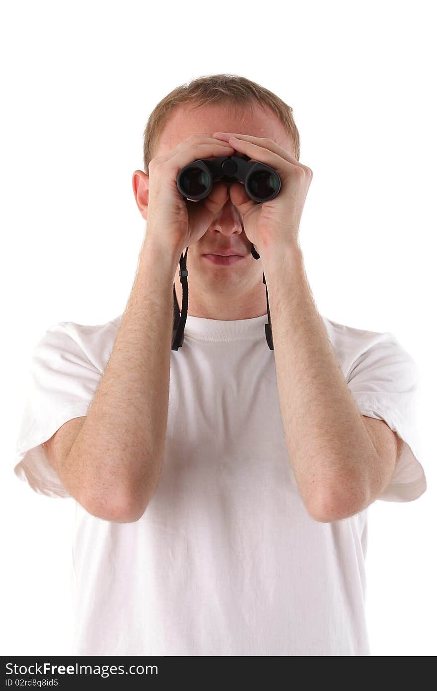 Man looks through binoculars over white background