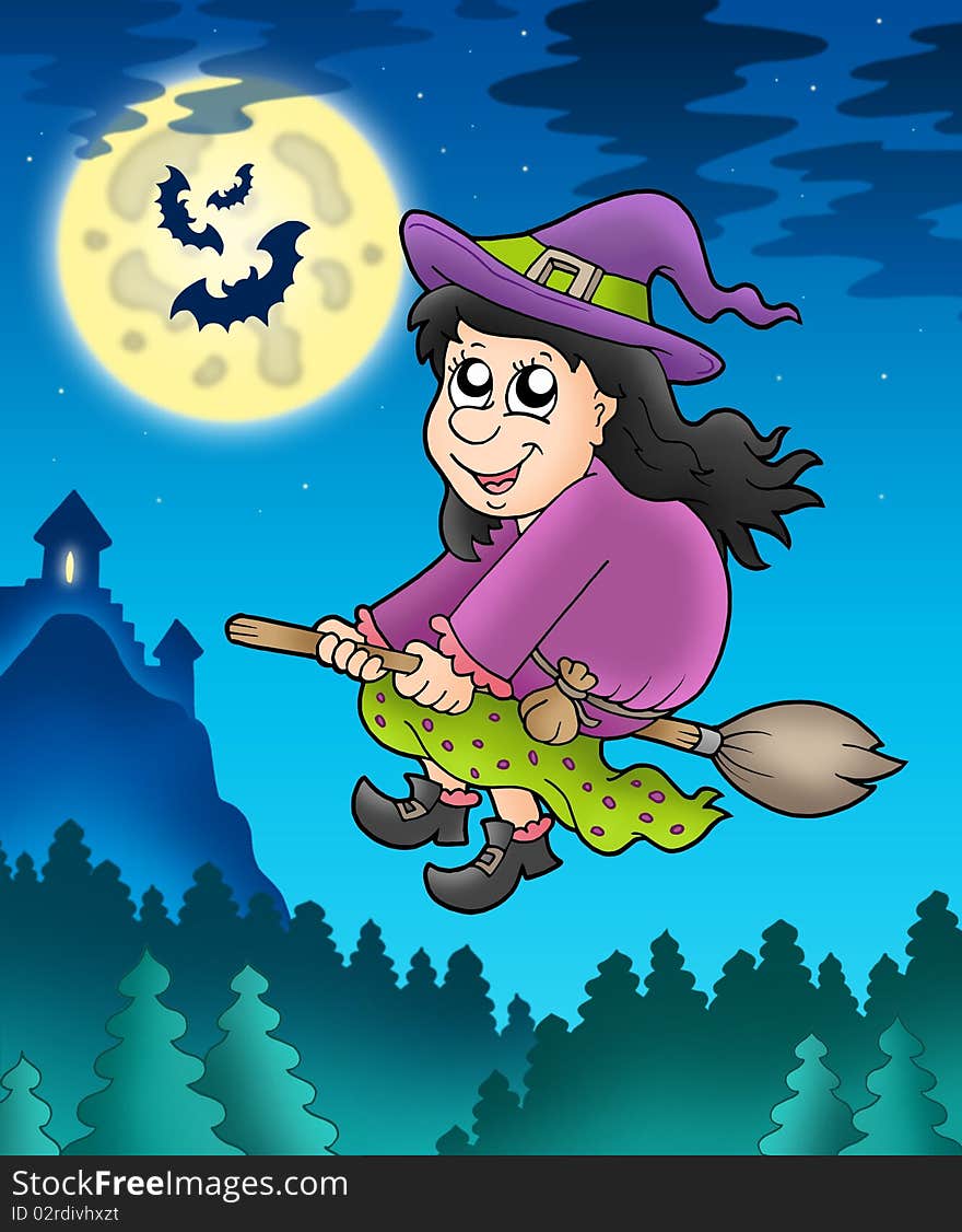 Cute witch on broom near castle