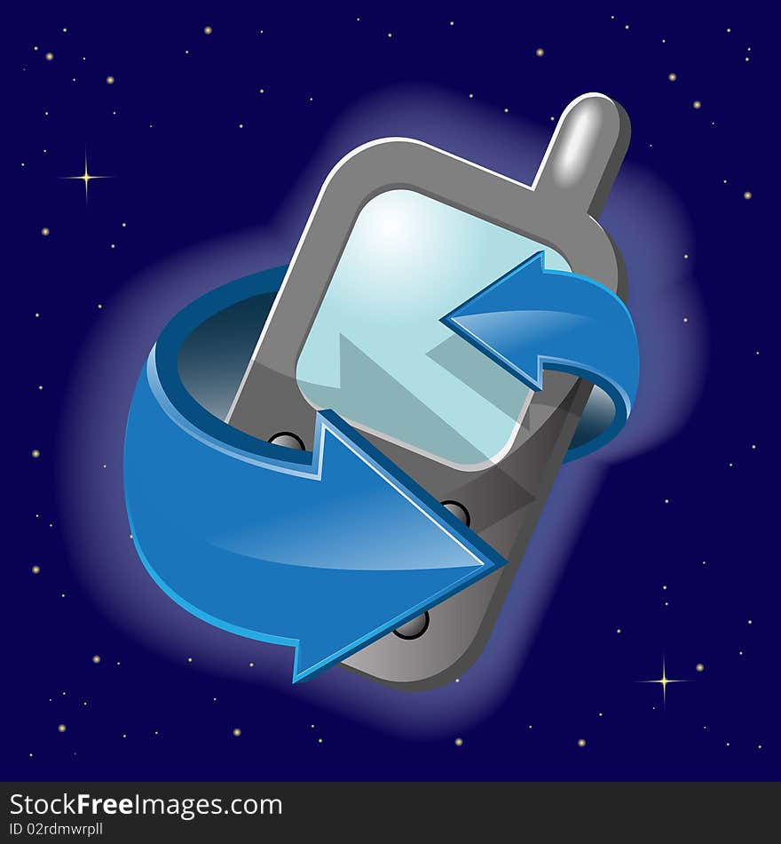 Illustration, cellular telephone with blue arrow around