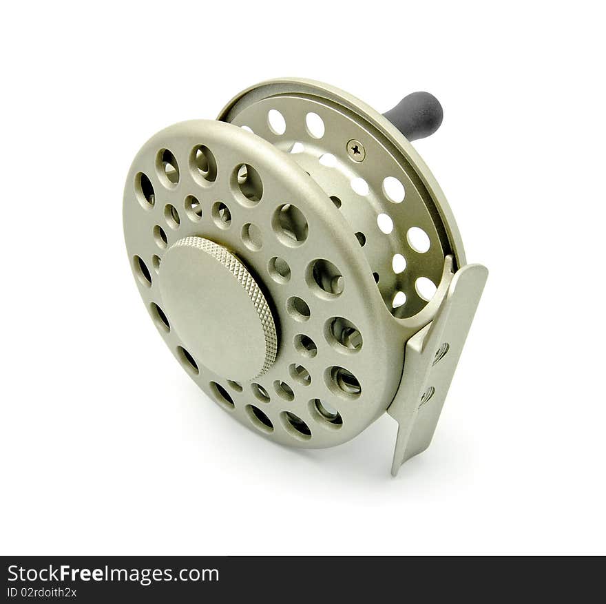 Professional metal fly fishing reel isolated on white background. Professional metal fly fishing reel isolated on white background