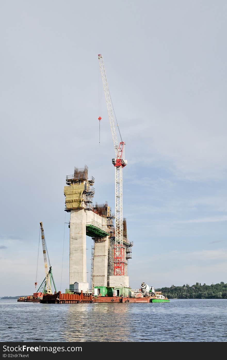 Building reinforced concrete bridge with highway on Dnepr river. Building reinforced concrete bridge with highway on Dnepr river