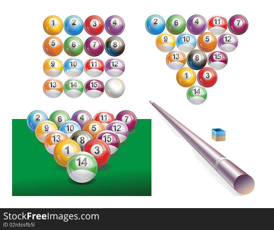 Billiard collection, fifteen billiards balls, cue, interesting game