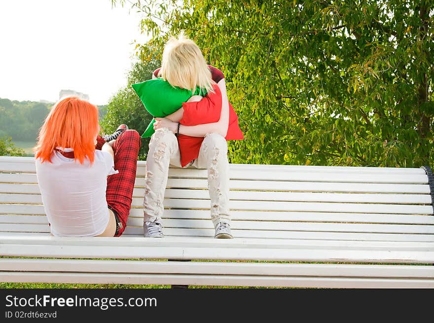 Two teenage girls have fun at the summer park. Two teenage girls have fun at the summer park