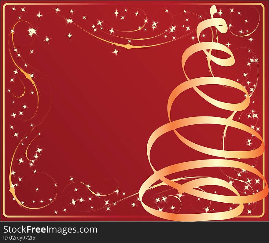 Red christmas background with tree, illustration