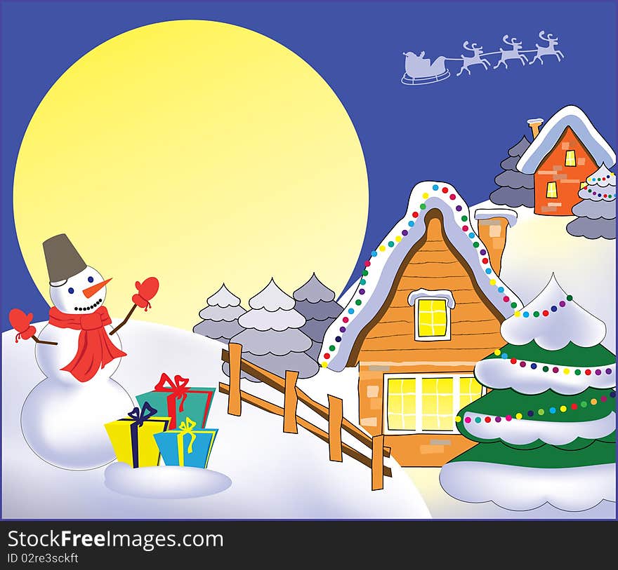 Christmas landscape with the celebratory house, the snowman, gifts and Santa Claus. Christmas landscape with the celebratory house, the snowman, gifts and Santa Claus