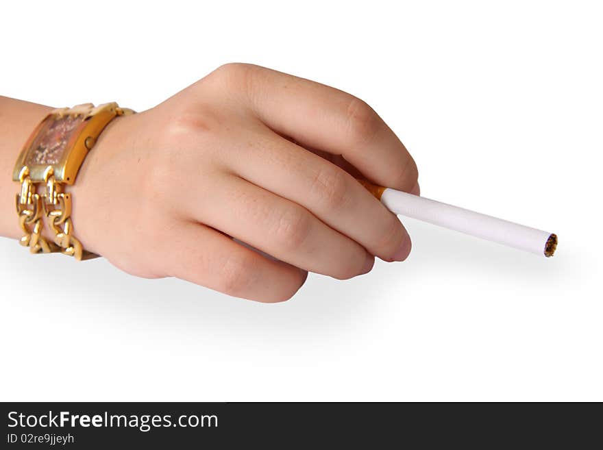 Hand, holding cigarette on white background. Hand, holding cigarette on white background