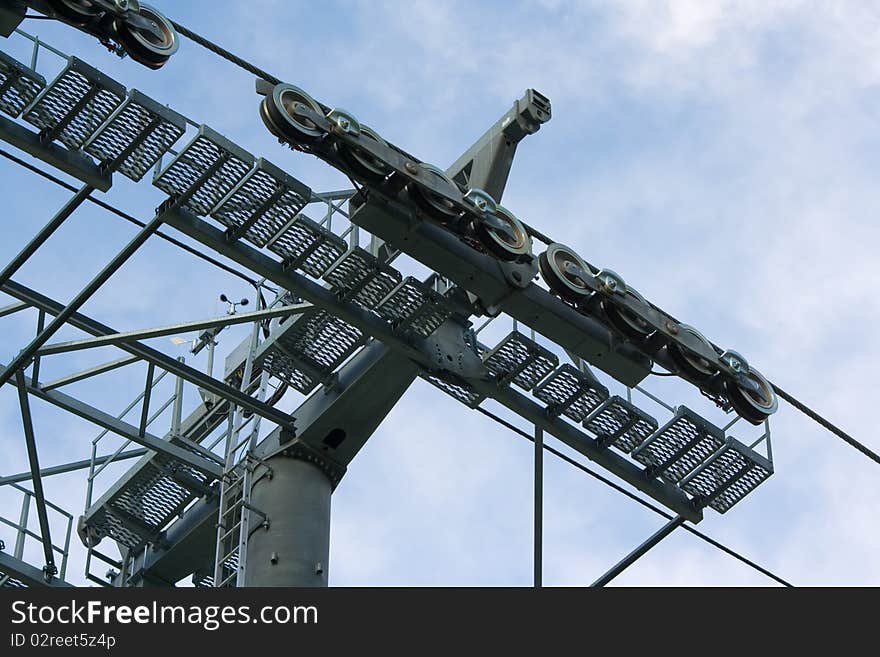 Rope way pylon against cloudy sky. Rope way pylon against cloudy sky