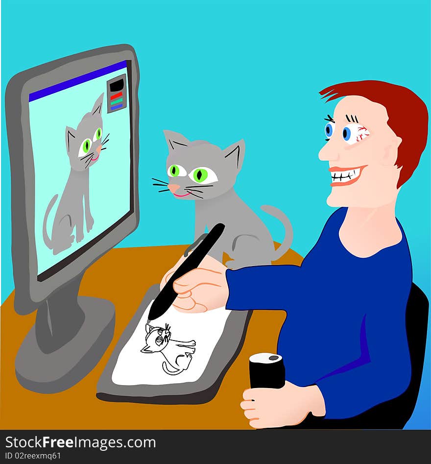 The designer draws a cat under the sketch, the cat sits on a table. The designer draws a cat under the sketch, the cat sits on a table