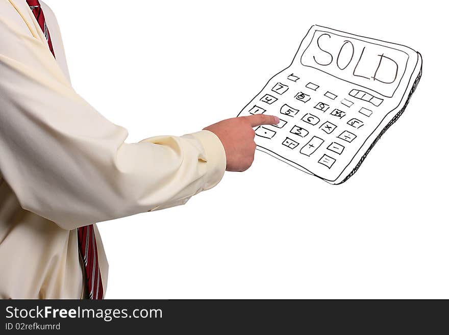 Man in a shirt and a tie pressing buttons on a drawn calculator. Man in a shirt and a tie pressing buttons on a drawn calculator.