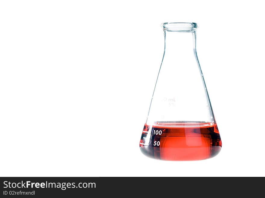 Red liquid in a clear erlenmeyer flask isolated on a white background.