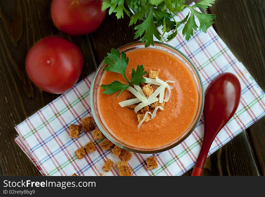 Gaspacho (tomato soup) with parmesan and parsley