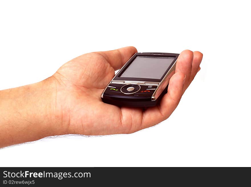 Mobile phone in hand isolated on white background.