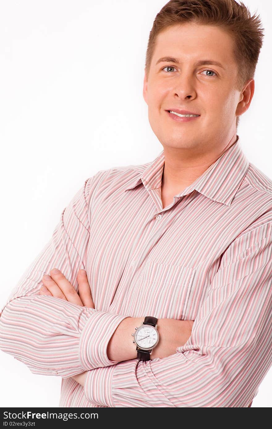 Awesome man in pink shirt on white background. Awesome man in pink shirt on white background