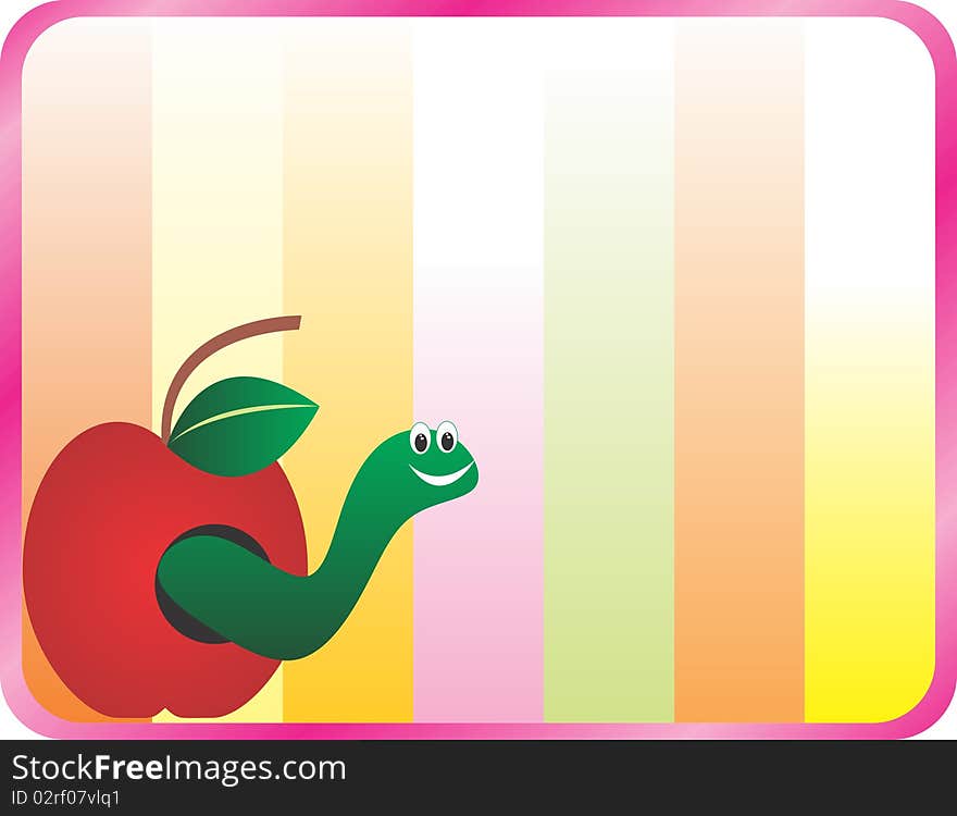 Apple with green worm in a colorful background, blank for text. Apple with green worm in a colorful background, blank for text